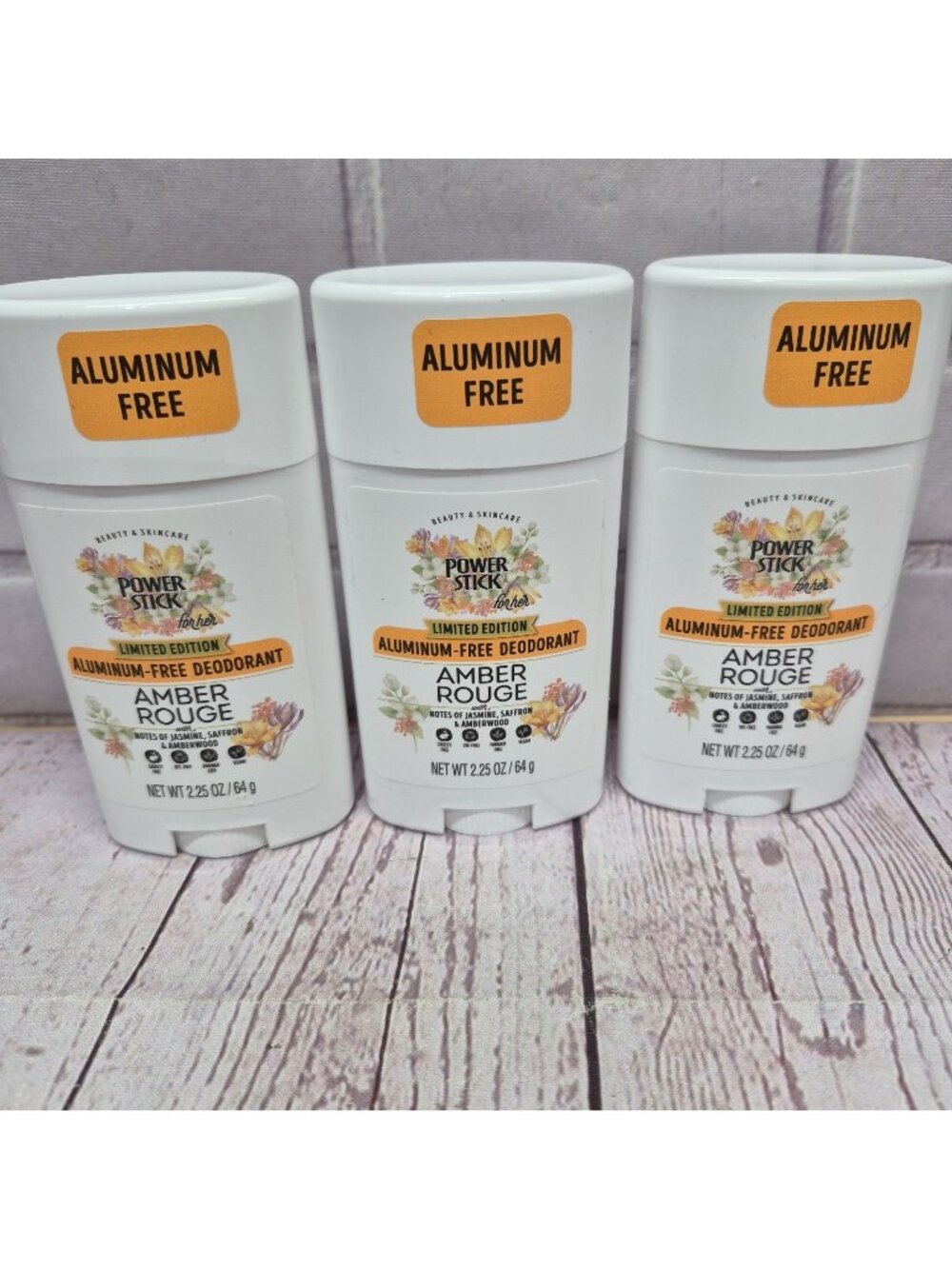 3 Pack~Power Stick Limited Edition Amber Rouge Aluminum Free Deodorant 2.25‎ oz.